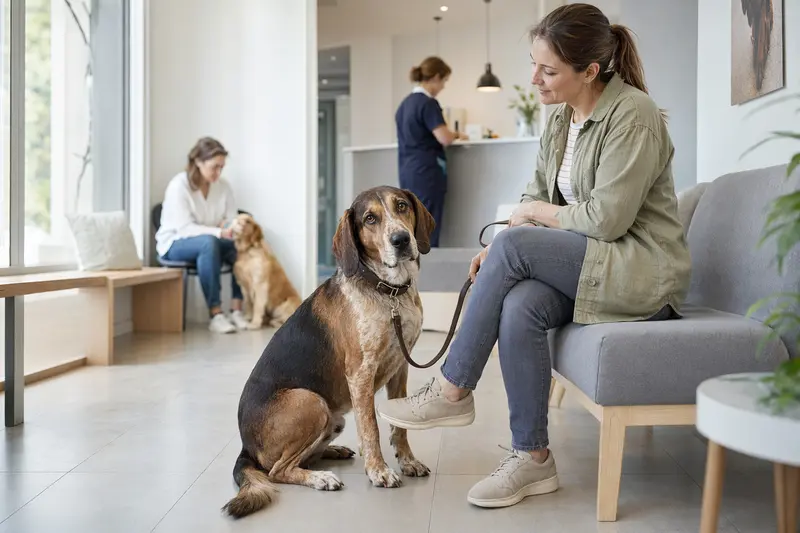 Ein Haldenlaufhund sitzt ruhig neben seinem Besitzer im hellen Wartezimmer einer modernen Tierarztpraxis.